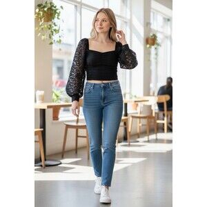 ZARA BLACK FITTED CROP BLOUSE WITH  SHEER DESIGN ON LONG SLEEVE Medium‎